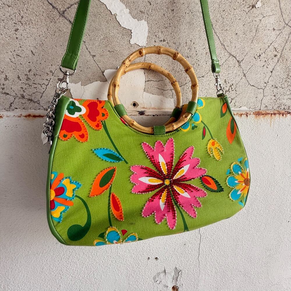 Floral Handbag Bamboo Handle Green Flower Print Purse Boho Tropical Vacation Bag